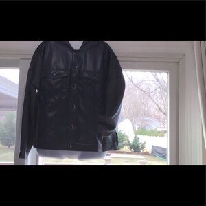 Ladies faux leather hood jacket, like new condition. Navy w/grey sleeves & back.